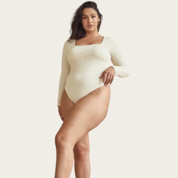 Klassy Network Square Neck Bodysuit | Plus Size 3XL | Cream Ribbed Long Sleeve - Picture 1 of 10